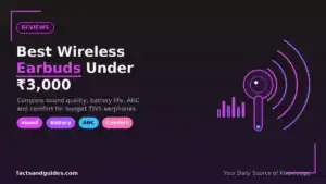 Best wireless earbuds under 3000 review featured image showing a purple TWS earbud emitting sound waves beside an audio equalizer