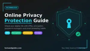 Online privacy protection guide featured image showing a cyan digital security shield with a keyhole, surrounded by encryption nodes and a verified checkmark