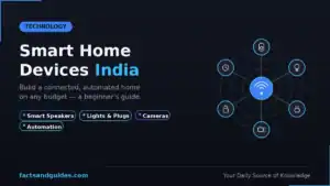 Illustration of a smart home devices India connecting Alexa speakers, smart lights, plugs, cameras and locks for beginner home automation